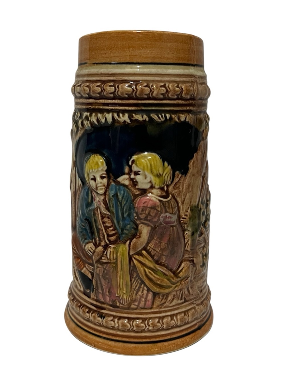 Decorative Vintage-Style Ceramic Stein in Brown and Multicolor